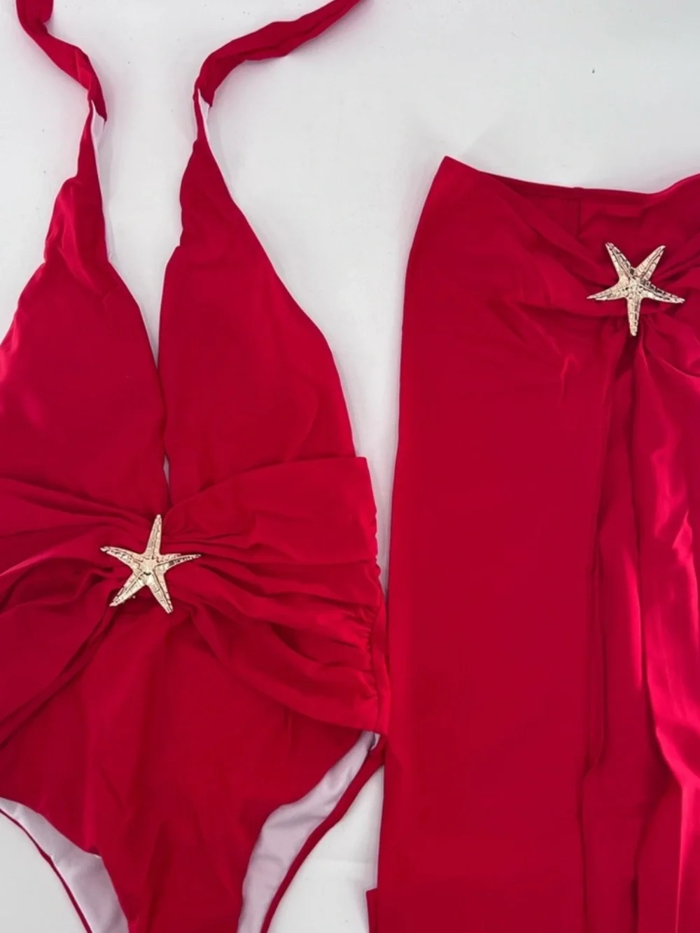 Red Starfish Halter One Piece Swimsuit + High Split Skirt Cover Up Set Size S